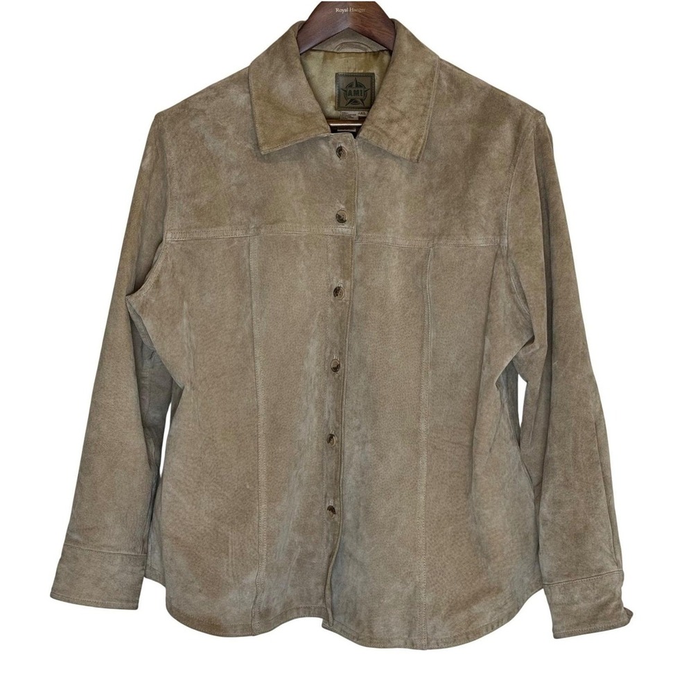 AMI Women's XL Beige Suede Leather Jacket Satin Lined Button Front Y2K